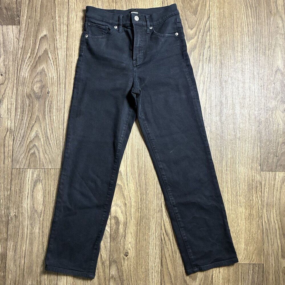 Express Women's Straight Ankle High Rise Jeans Pants, Black, Size 6